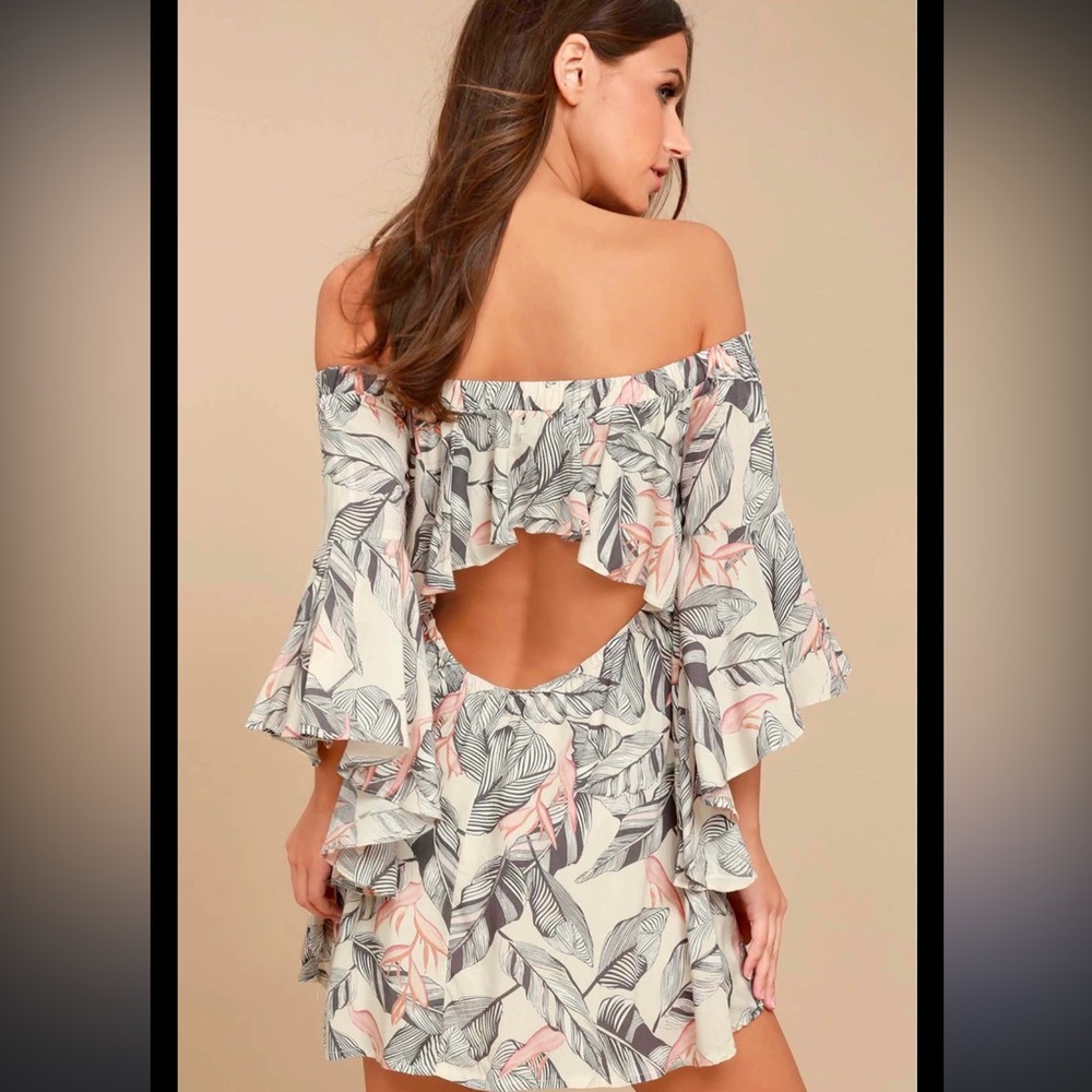 Sun-Drenched Daydream Beige Floral Print Off-the-Shoulder Dress